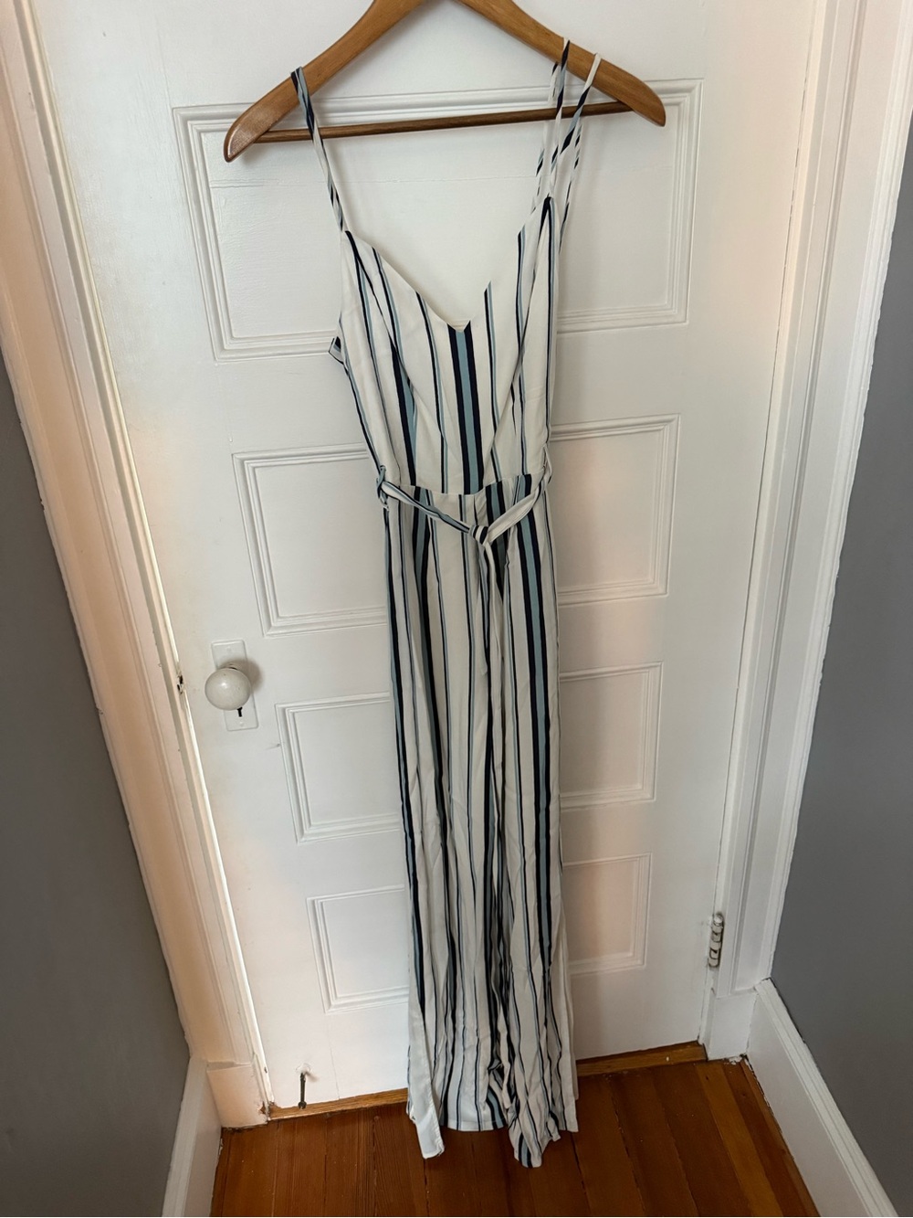 Lovers + Friends White Maxi Dress with Navy Vertical Stripes